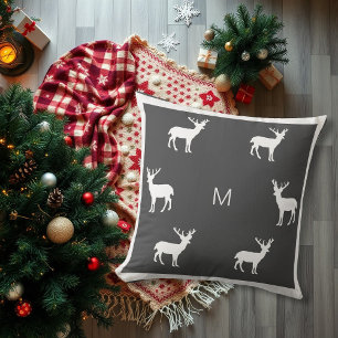 Rustic reindeer dark gray family monogram holiday cushion