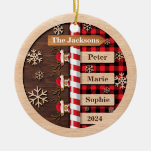 Rustic Reindeer Plaid Family Christmas  Ceramic Tree Decoration