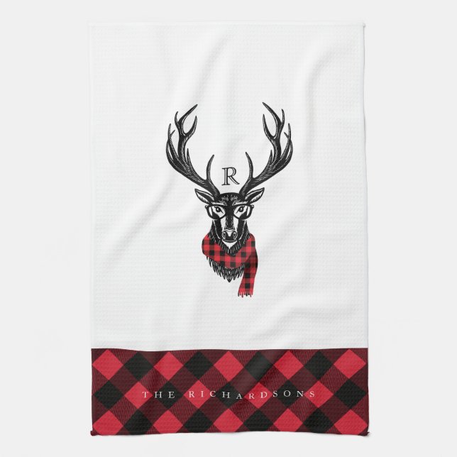 Rustic Reindeer Red Buffalo Plaid Family Monogram Tea Towel (Vertical)
