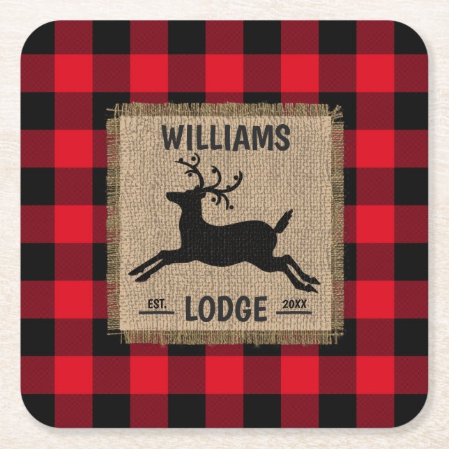 Rustic Reindeer Red Buffalo Plaid Family Name  Tri Square Paper Coaster (Front)