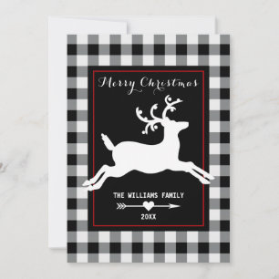 Rustic Reindeer White Buffalo Plaid Christmas Holiday Card