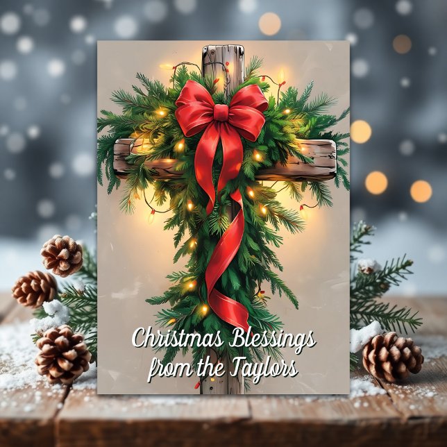 Rustic Religious Cross Christian Christmas Holiday Card (Rustic Cross Christmas Card with Garland and Bible Verse – Religious Holiday Blessings)