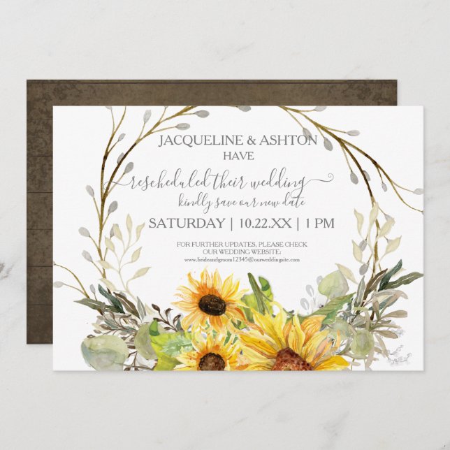 Rustic Rescheduled Wedding Script Sunflower Wooden Invitation (Front/Back)