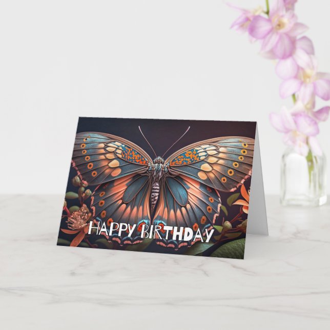 Rustic Resting Butterfly Art Happy Birthday Card (Orchid)