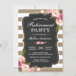 Rustic Retirement Party   Floral Burlap Stripes Invitation