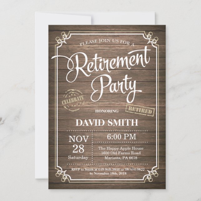 Rustic Retirement Party Invitation Card Wood (Front)
