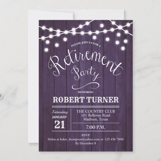 Rustic Retirement Party - Purple Wood Pattern Invitation (Front)