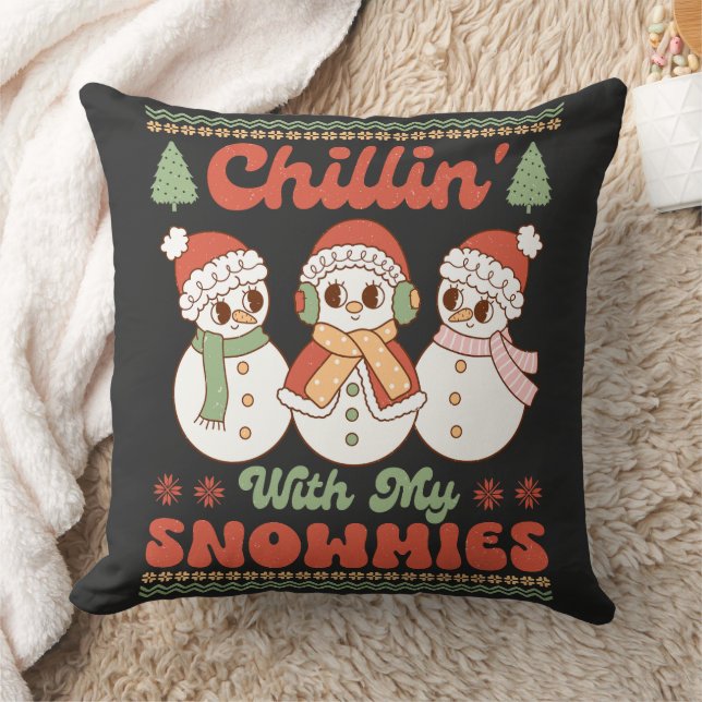 Rustic Retro "Chillin' With My Snowmies" Funny  Cushion (Blanket)