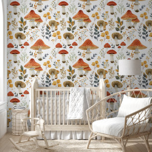 Rustic Retro Floral Mushroom Garden Fabric Pattern Wallpaper