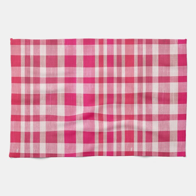 Rustic Retro Pink Textured Plaid  Tea Towel (Horizontal)