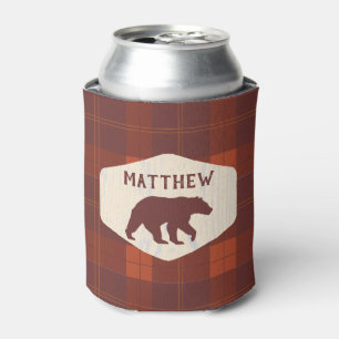 Rustic Retro Plaid Bear Personalised Can Cooler