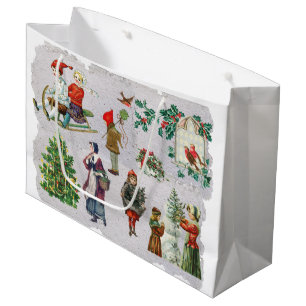 Rustic Retro Vintage Christmas Winter Holiday Large Gift Bag