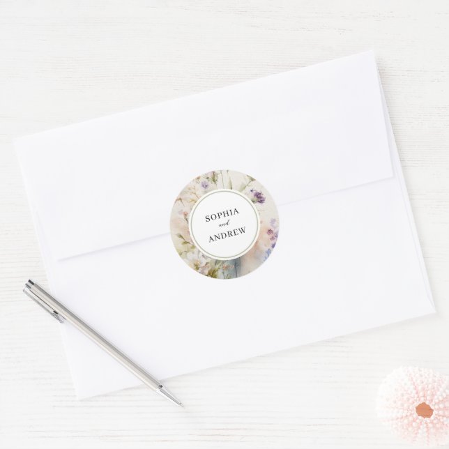 Rustic Retro Watercolor Wildflowers Wedding  Classic Round Sticker (Envelope)