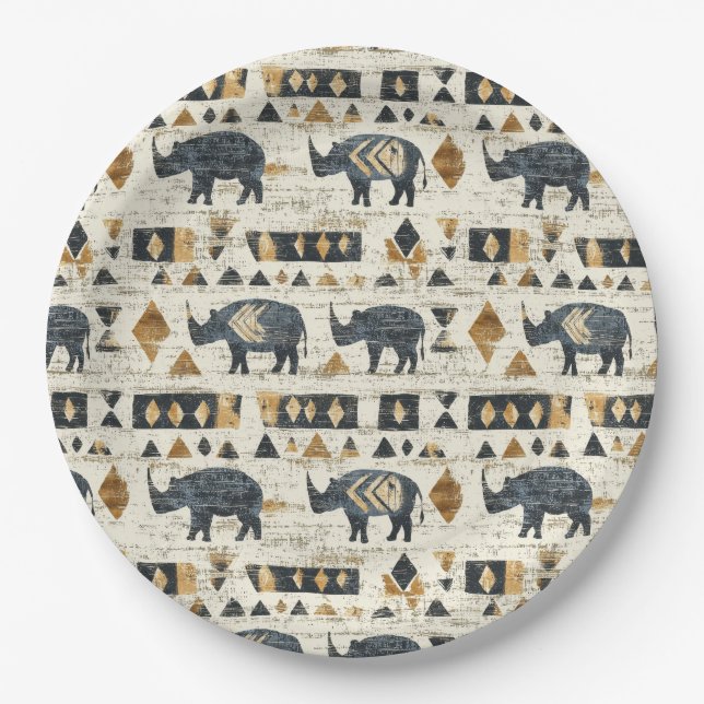 Rustic Rhino Tribal Pattern (1) Paper Plate (Front)