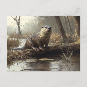 Rustic River Otter Wildlife Painting Postcard