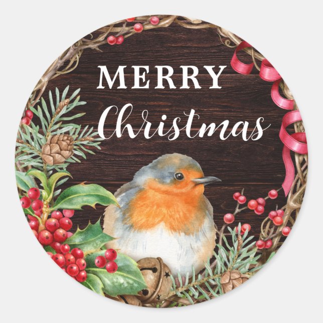 Rustic Robin Merry Christmas Holiday Classic Round Sticker (Front)