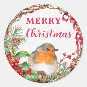 Rustic Robin Merry Christmas Holiday Classic Round Sticker
