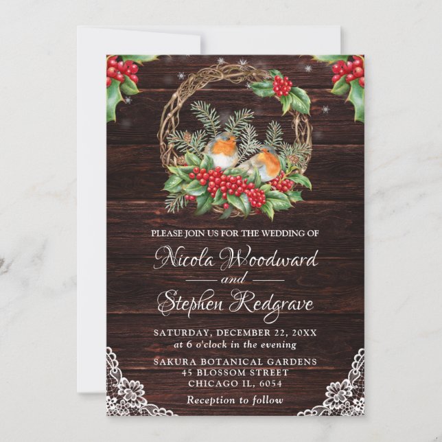 Rustic Robins & Holly Wreath Winter Wedding Invitation (Front)