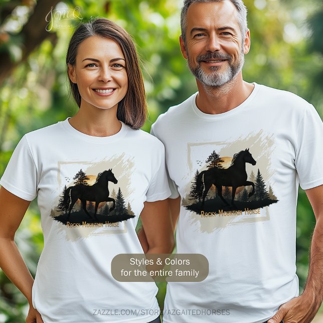 Rustic Rocky Mountain Horse Silhouette Sunset T-Shirt (White t-shirt with Rocky Mountain Horse silhouette design against a sunset and forest background.)