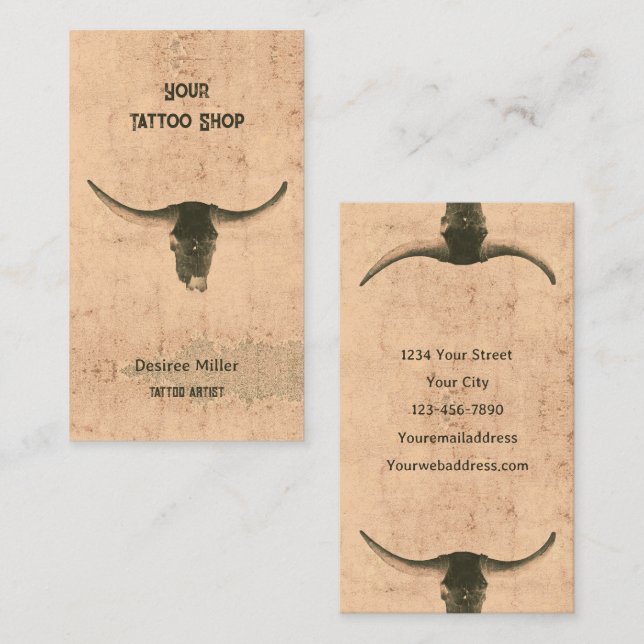 Rustic Rodeo Beige Brown Tattoo Shop Bull Skull Business Card (Front/Back)