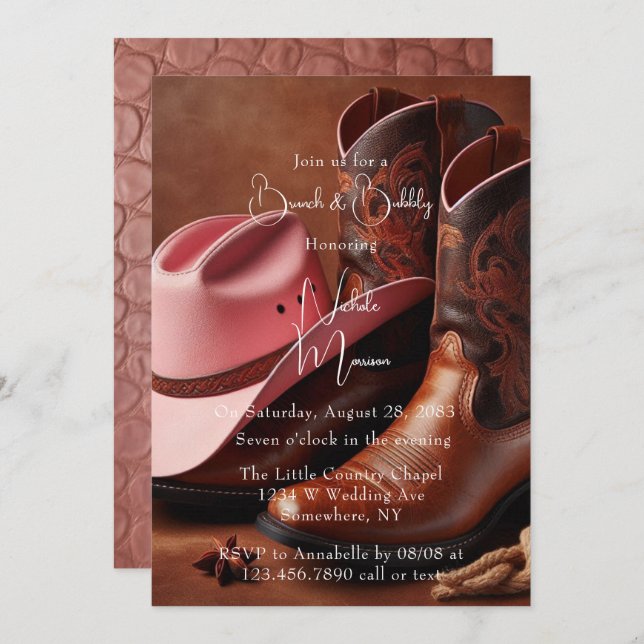 Rustic Romance: Boots & Hat Brunch and Bubbly Invitation (Front/Back)