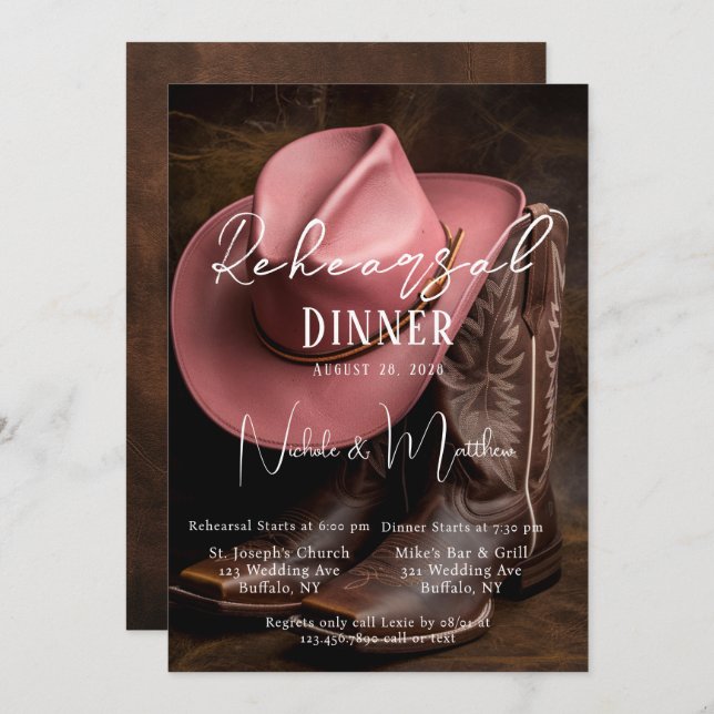 Rustic Romance: Boots & Hat Rehearsal Dinner Invitation (Front/Back)
