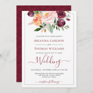 Rustic Romance Burgundy and Pink Floral Wedding Invitation