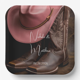 Rustic Romance: Cowboy Boots & Rose Hat Wedding Paper Plate