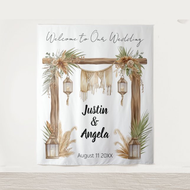 Rustic Romance Customisable Wedding Arch Backdrop Tapestry (Front)