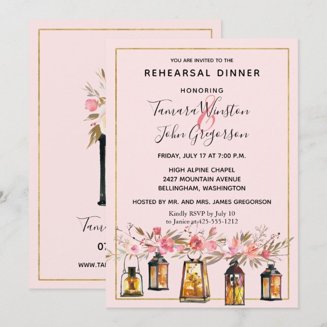 Rustic Romance Lanterns Rose Gold Rehearsal Dinner Invitation (Front/Back)
