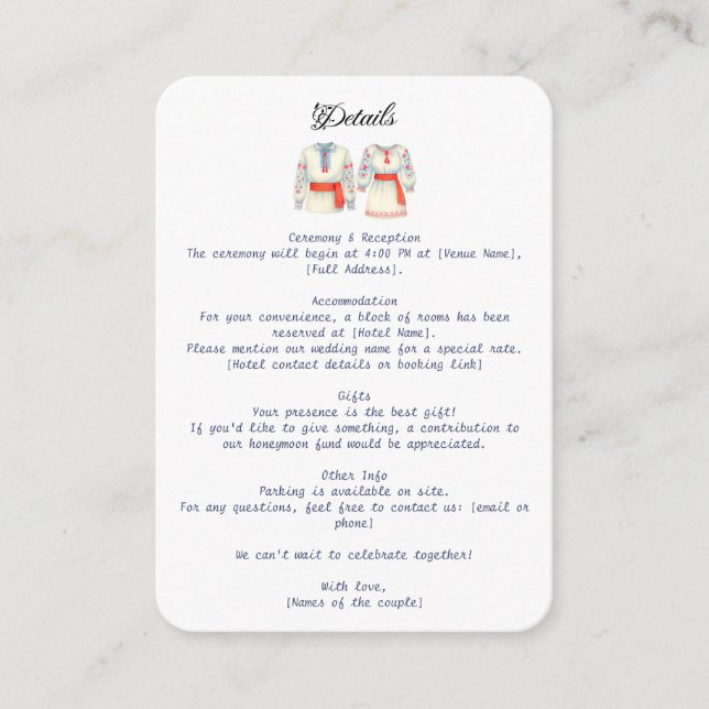 Rustic Romanian Wedding Traditional Folk Costumes  Enclosure Card (Front)