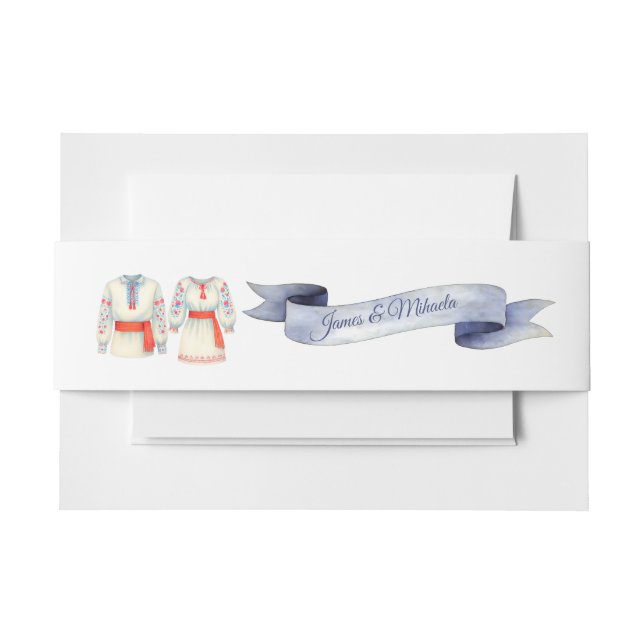 Rustic Romanian Wedding Traditional Folk Costumes Invitation Belly Band (Front Example)