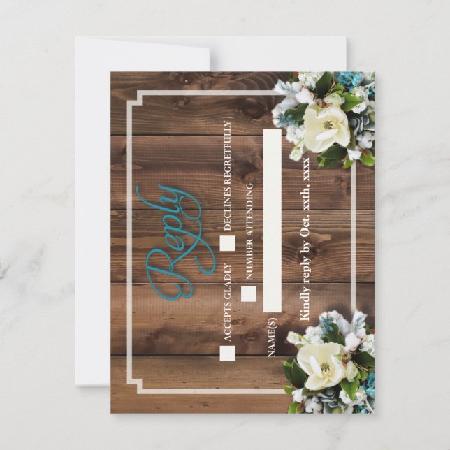 Rustic Romantic Antler Reply card with Magnolia (Front)