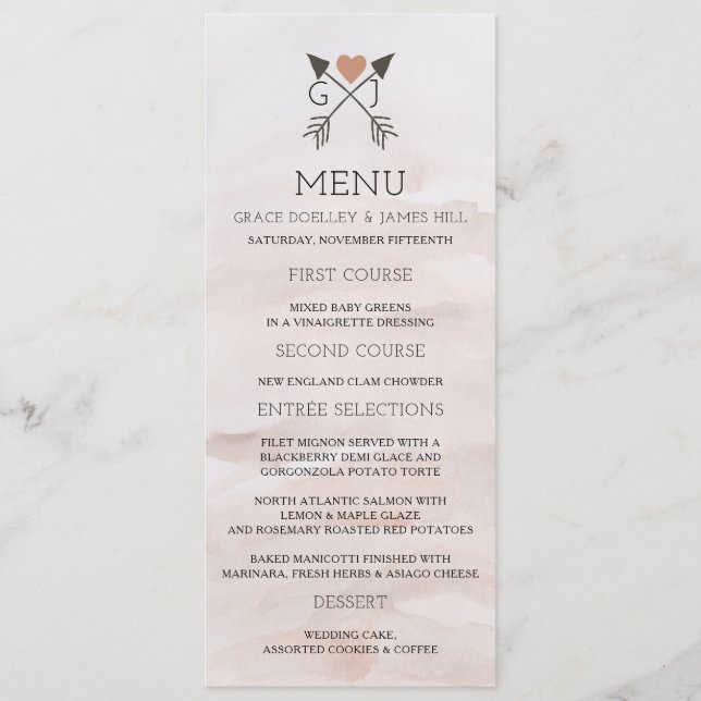 Rustic Romantic Arrows and Heart Wedding Menu (Front)