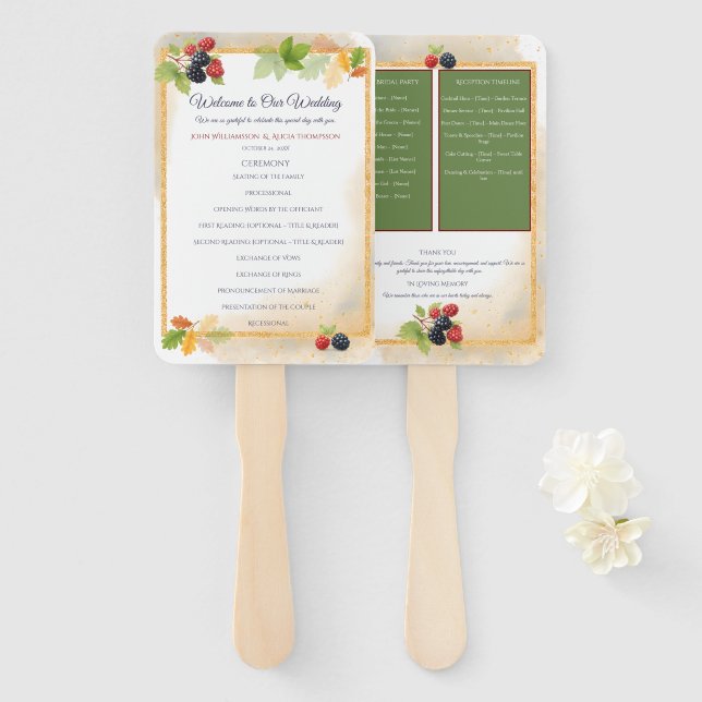 Rustic Romantic Autumn Berry Wedding Program Hand Fan (Front and Back)