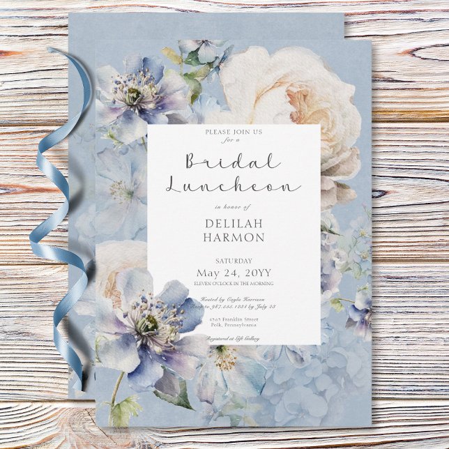 Rustic Romantic Blue & White Floral Bridal Lunch Invitation (Rustic Romantic Blue & White Floral Bridal Lunch Invitation)