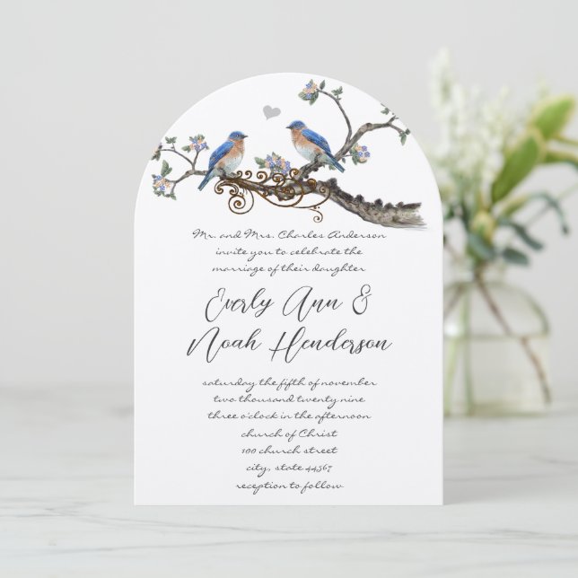 Rustic Romantic Bluebirds Wedding Invitations (Standing Front)