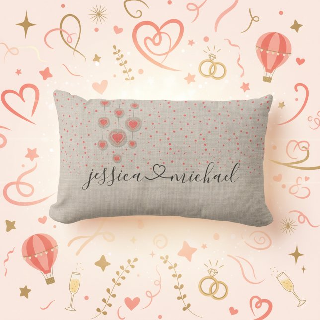 Rustic Romantic Couple Names & Heart Wedding Gift Lumbar Cushion (❤️Romantic wedding gift idea! Custom names connected by heart!💗)