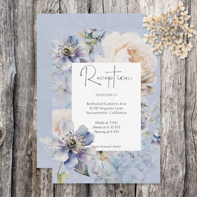 Rustic Romantic Dusty Blue White Floral Reception Enclosure Card (Creator Uploaded)