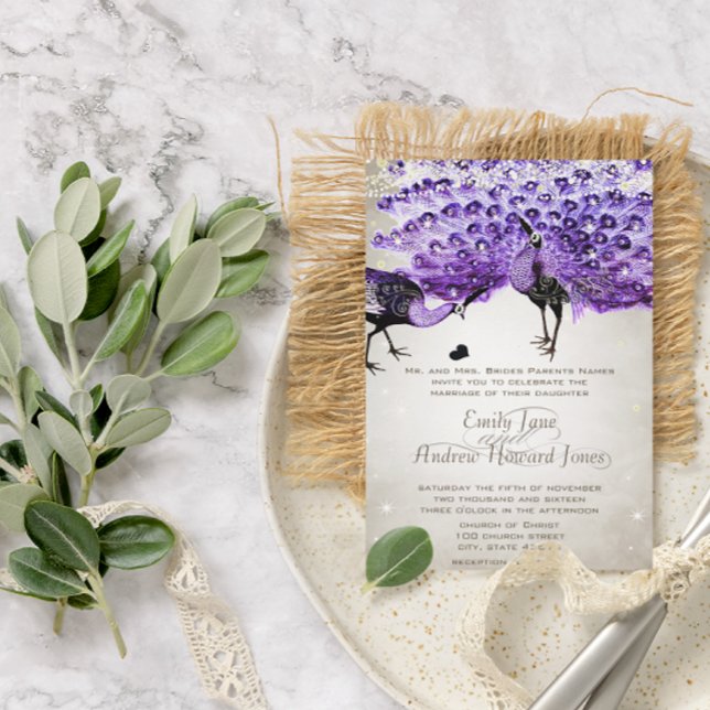 Rustic Romantic Mason Jar Purple Peacock Invitation (Creator Uploaded)