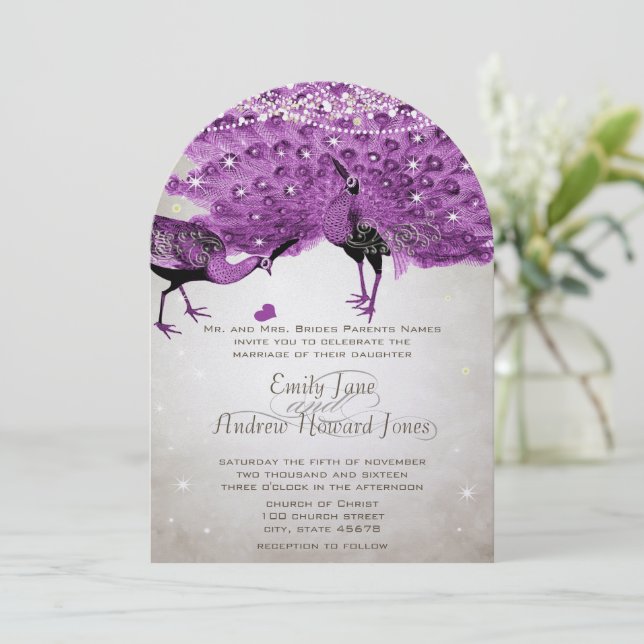 Rustic Romantic Mason Jar Radiant Purple Peacock Invitation (Standing Front)