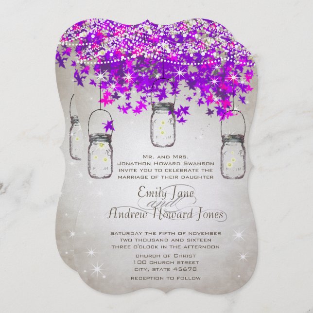 Rustic Romantic Mason Jar Radiant Purple Tree Invitation (Front/Back)