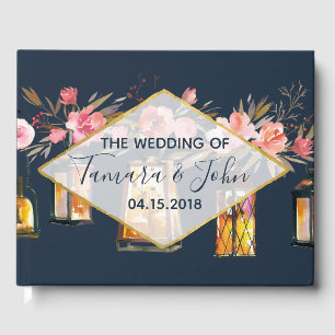 Rustic Romantic Navy Blue Coral Floral Wedding Guest Book