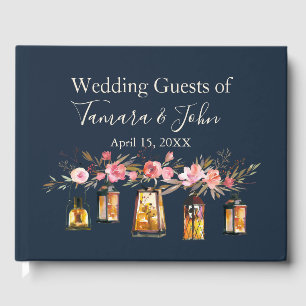Rustic Romantic Navy Blue Coral Floral Wedding Guest Book