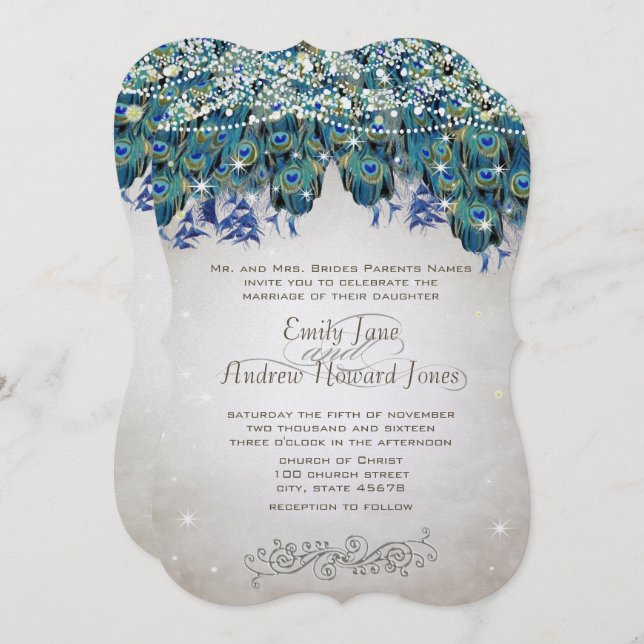 Rustic Romantic Peacock Teal Turquoise Peacock Invitation (Front/Back)