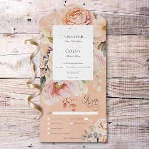 Rustic Romantic Pink & Blush Roses Peach Dinner All In One Invitation