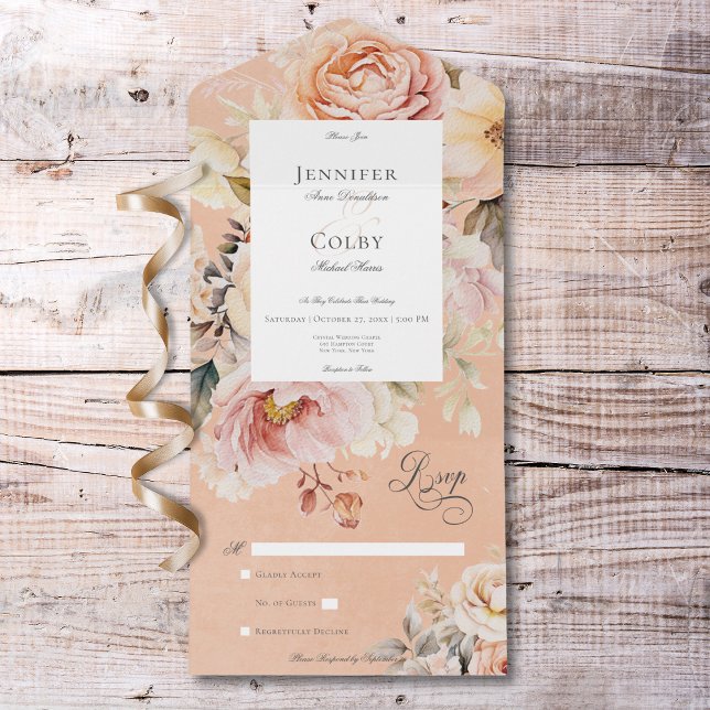 Rustic Romantic Pink & Blush Roses Peach No Dinner All In One Invitation (Rustic Romantic Pink & Blush Roses Peach No Dinner All In One Invitation)