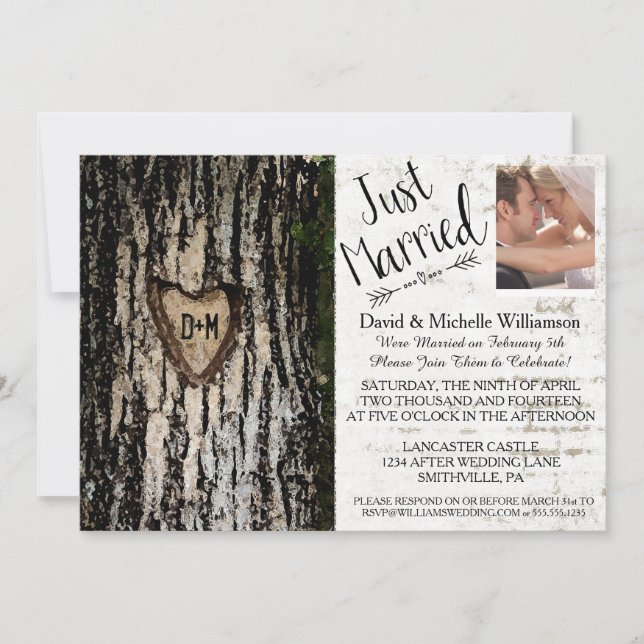 Rustic Romantic Tree Post Wedding Photo Invite (Front)