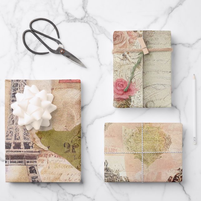 Rustic Romantic Vintage Paris Wrapping Paper Sheet (Front)