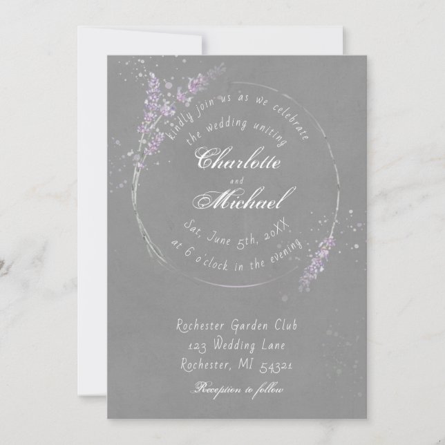 Rustic romantic watercolor lavender flower wedding invitation (Front)